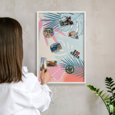 Magnetic board for travel magnets in a white frame Tropical abstraction