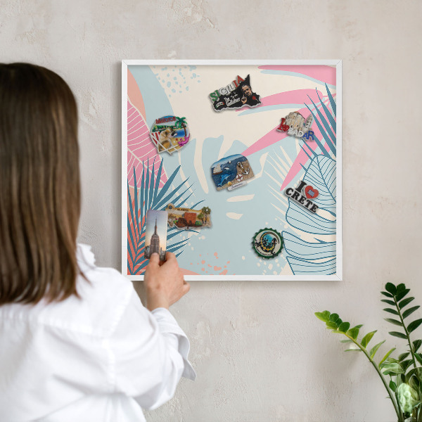 Magnetic board for travel magnets in a white frame Tropical abstraction