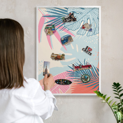 Magnetic board for travel magnets in a white frame Tropical abstraction