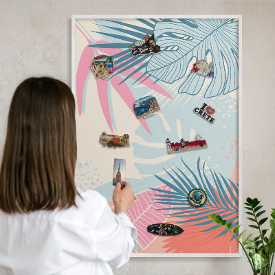 Magnetic board for travel magnets in a white frame Tropical abstraction