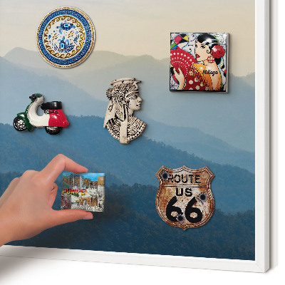 Magnetic board for travel magnets in a white frame Mountain views