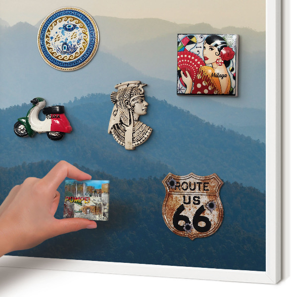 Magnetic board for travel magnets in a white frame Mountain views