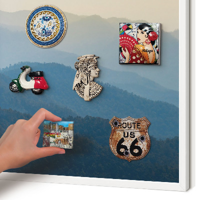 Magnetic board for travel magnets in a white frame Mountain views