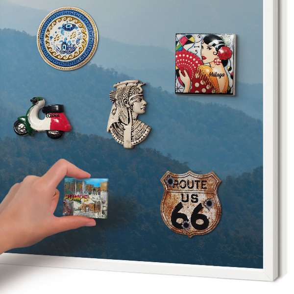 Magnetic board for travel magnets in a white frame Mountain views