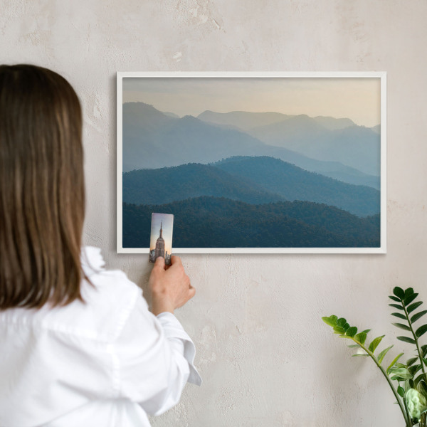 Magnetic board for travel magnets in a white frame Mountain views
