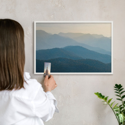 Magnetic board for travel magnets in a white frame Mountain views