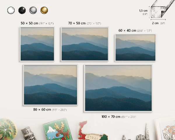 Magnetic board for travel magnets in a white frame Mountain views