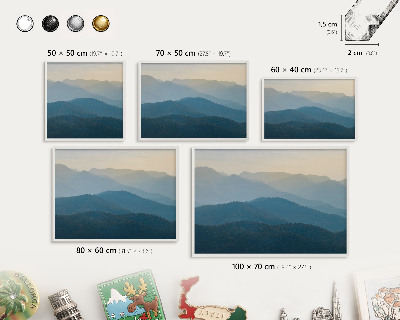 Magnetic board for travel magnets in a white frame Mountain views