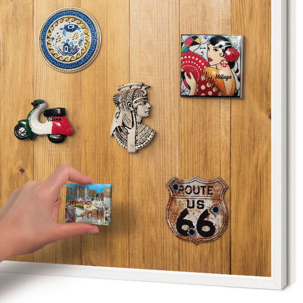 Magnetic board for travel magnets in a white frame Wooden texture