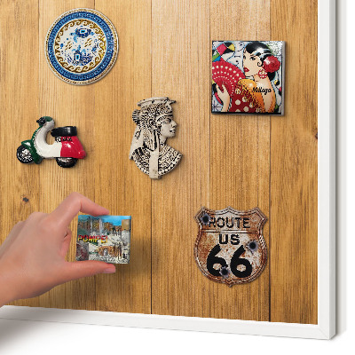 Magnetic board for travel magnets in a white frame Wooden texture