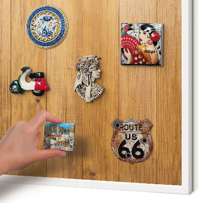 Magnetic board for travel magnets in a white frame Wooden texture