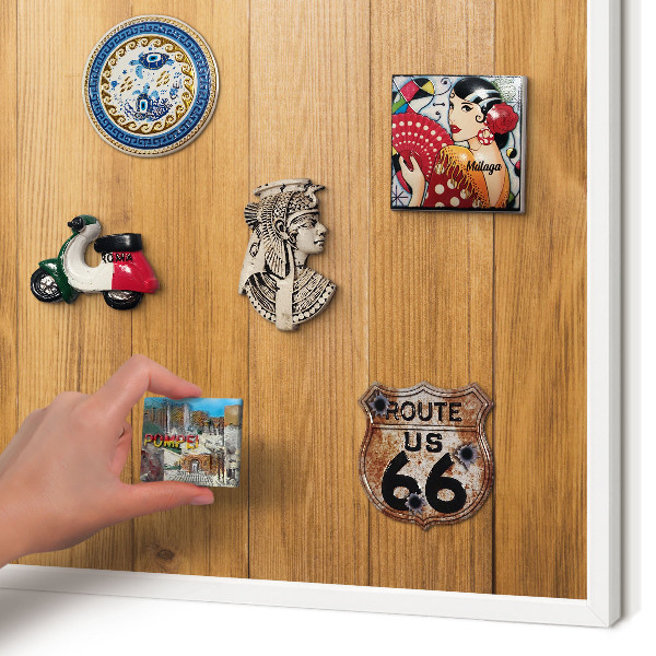 Magnetic board for travel magnets in a white frame Wooden texture