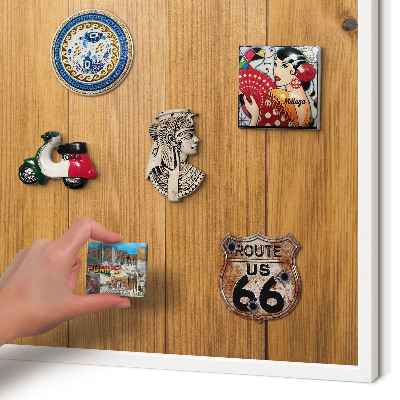 Magnetic board for travel magnets in a white frame Wooden texture