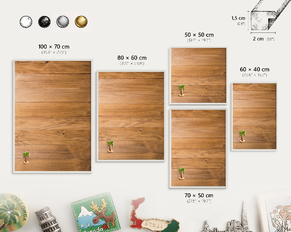 Magnetic board for travel magnets in a white frame Wooden texture