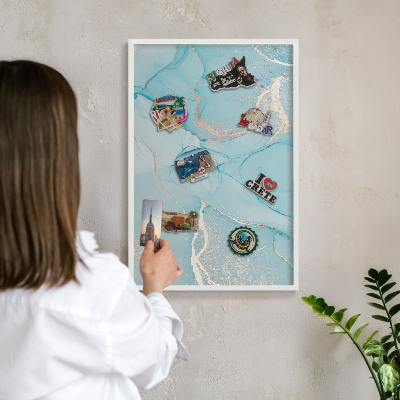 Magnetic board for travel magnets in a white frame Turquoise elegance
