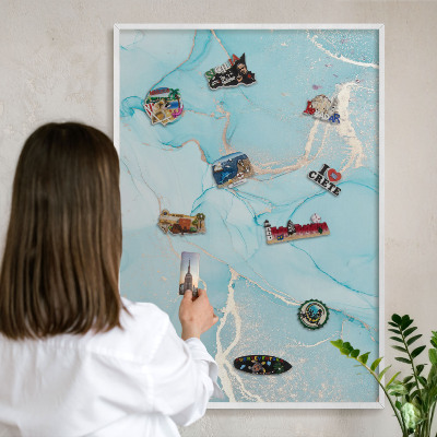 Magnetic board for travel magnets in a white frame Turquoise elegance