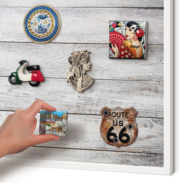 Magnetic board for travel magnets in a white frame Rustic wood