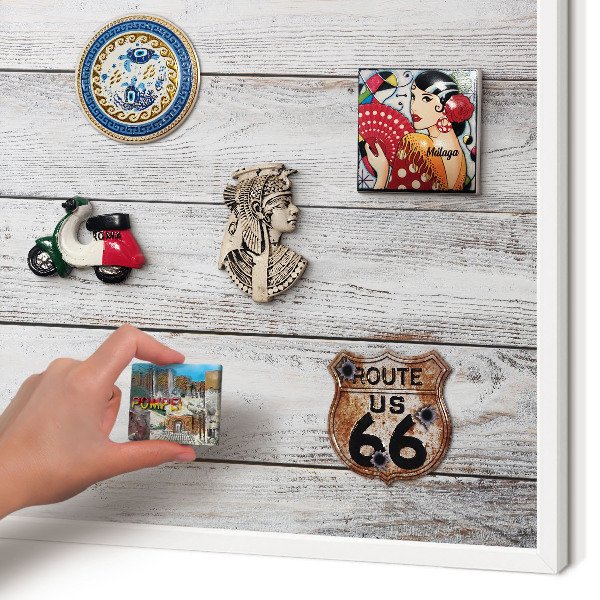 Magnetic board for travel magnets in a white frame Rustic wood