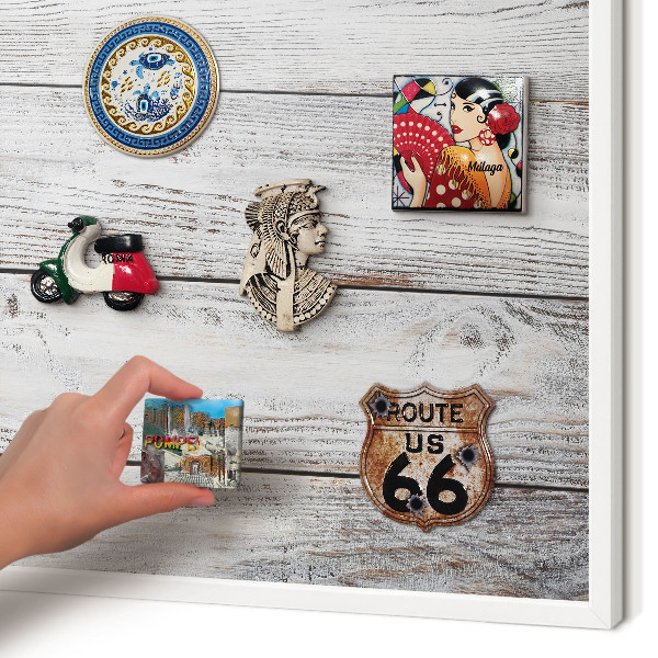 Magnetic board for travel magnets in a white frame Rustic wood