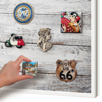 Magnetic board for travel magnets in a white frame Rustic wood