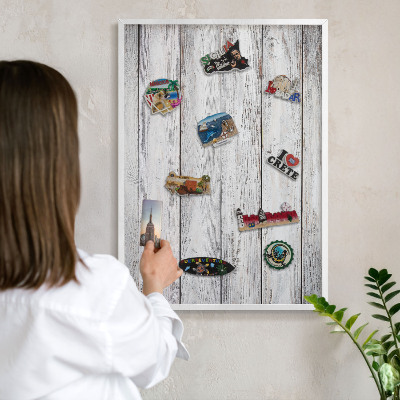 Magnetic board for travel magnets in a white frame Rustic wood