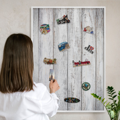 Magnetic board for travel magnets in a white frame Rustic wood