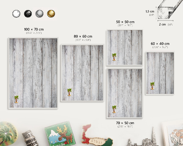Magnetic board for travel magnets in a white frame Rustic wood