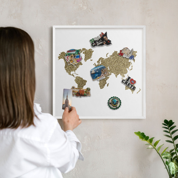 Decorative magnet board with a white frame World map