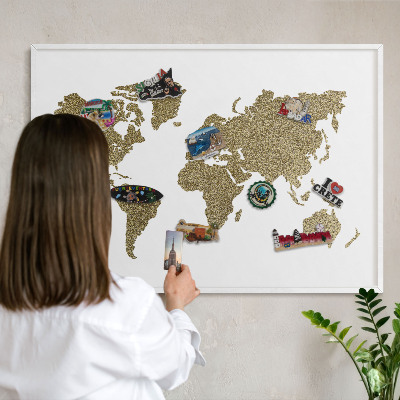 Decorative magnet board with a white frame World map