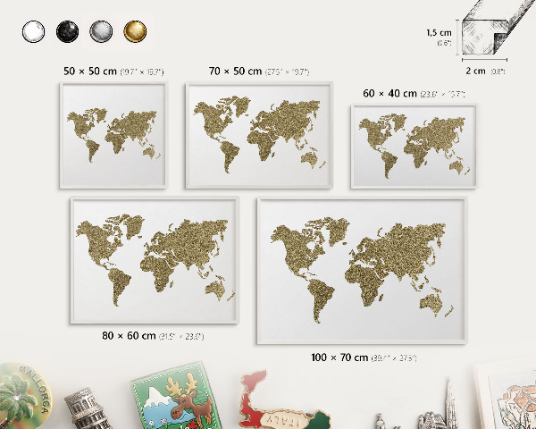 Decorative magnet board with a white frame World map