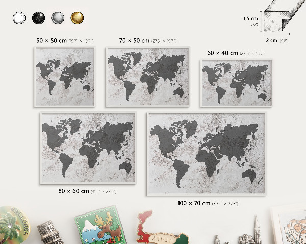 Magnetic board for travel magnets in a white frame World map