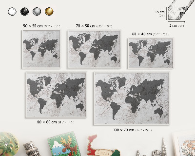 Magnetic board for travel magnets in a white frame World map