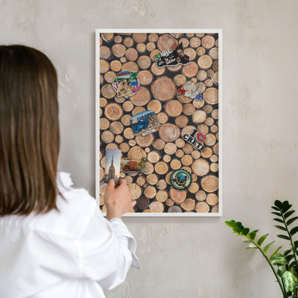 Decorative magnet board with a white frame Wooden circles