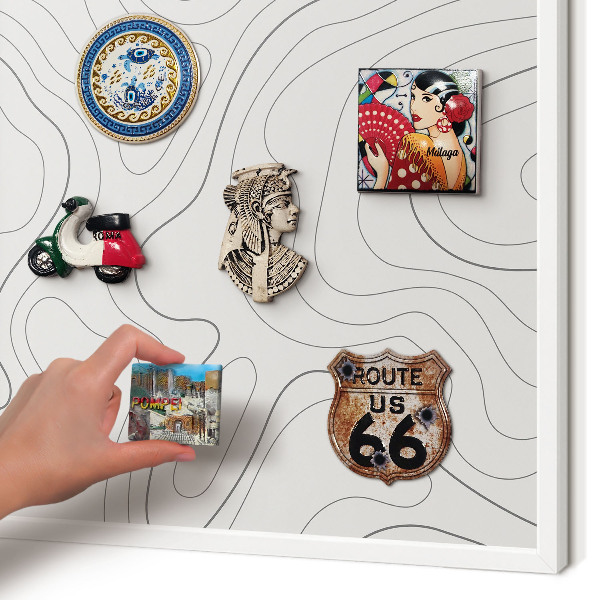 Magnetic board for travel magnets in a white frame Geometric elegance