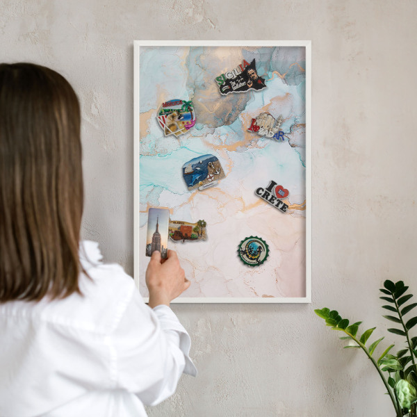Magnetic board for travel magnets in a white frame Pastel forms