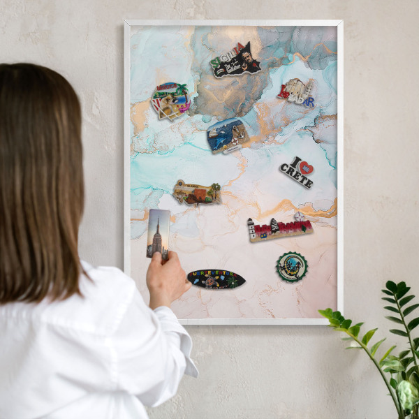 Magnetic board for travel magnets in a white frame Pastel forms
