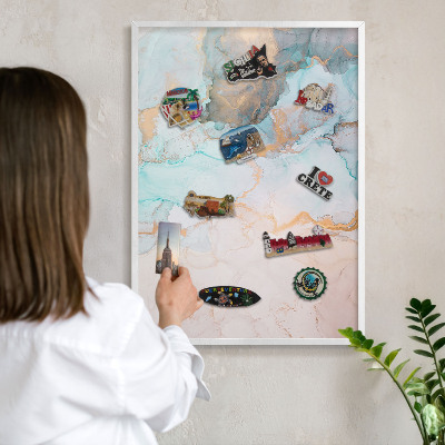 Magnetic board for travel magnets in a white frame Pastel forms