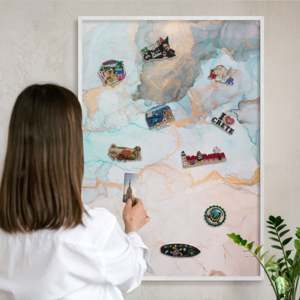 Magnetic board for travel magnets in a white frame Pastel forms