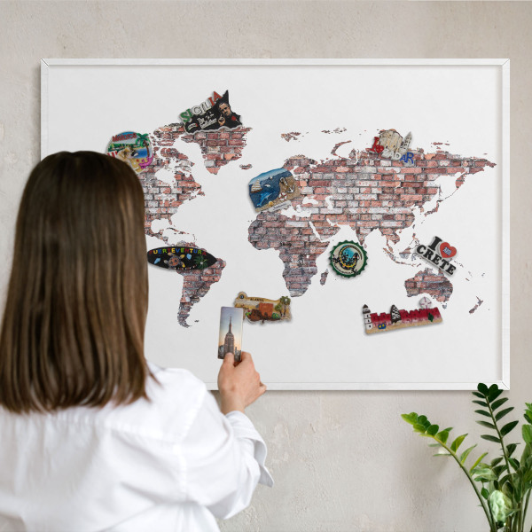 Magnetic board for travel magnets in a white frame Brick world