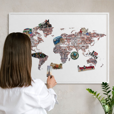 Magnetic board for travel magnets in a white frame Brick world