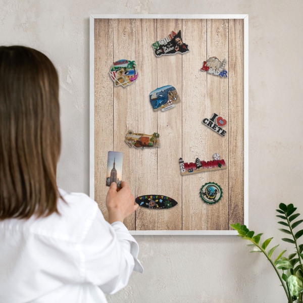 Decorative magnet board with a white frame Wooden boards