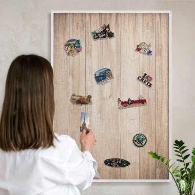 Decorative magnet board with a white frame Wooden boards