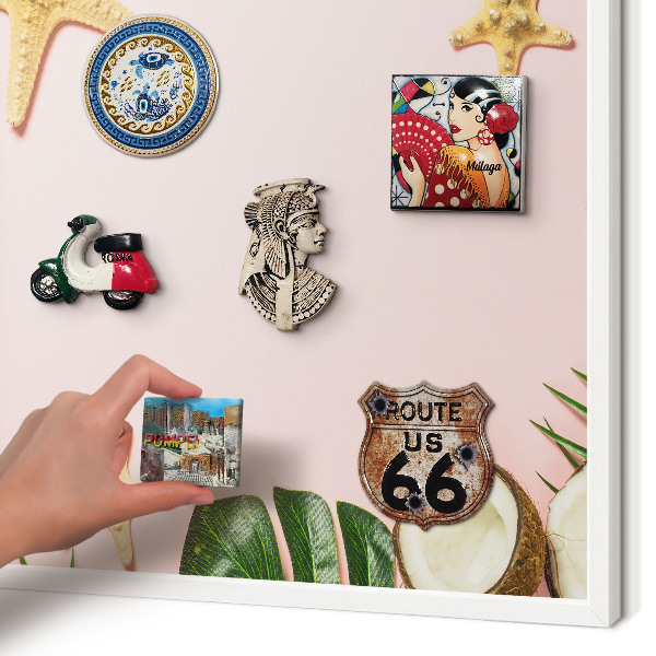 Magnetic board for travel magnets in a white frame Tropical vacation