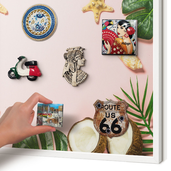 Magnetic board for travel magnets in a white frame Tropical vacation