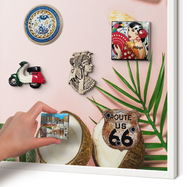 Magnetic board for travel magnets in a white frame Tropical vacation