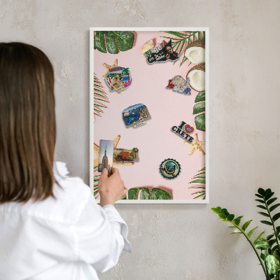 Magnetic board for travel magnets in a white frame Tropical vacation