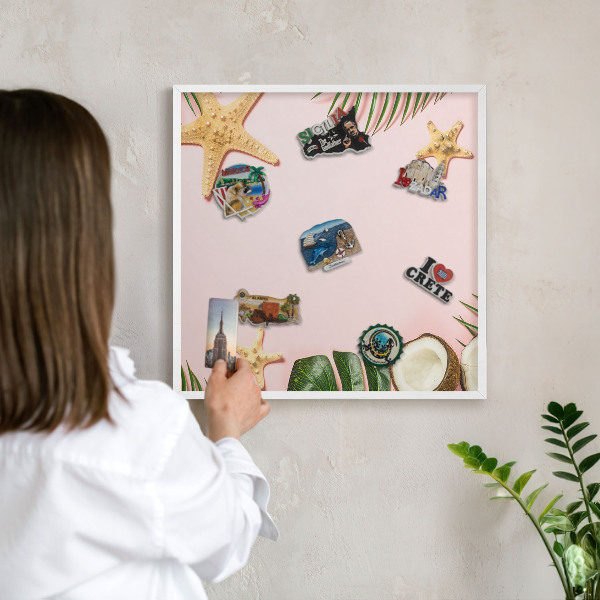 Magnetic board for travel magnets in a white frame Tropical vacation