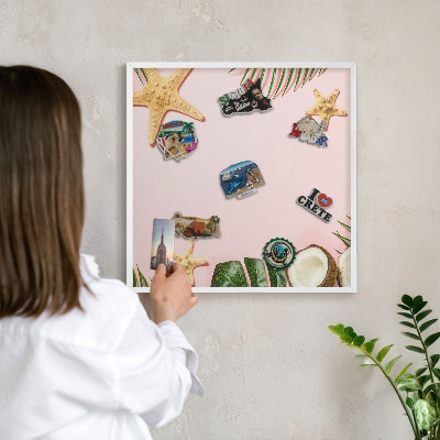 Magnetic board for travel magnets in a white frame Tropical vacation