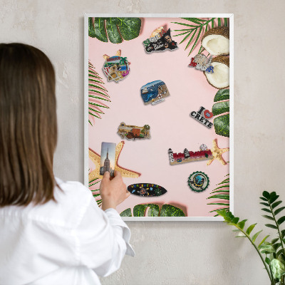 Magnetic board for travel magnets in a white frame Tropical vacation