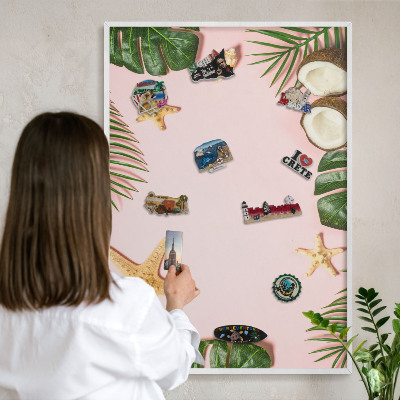 Magnetic board for travel magnets in a white frame Tropical vacation